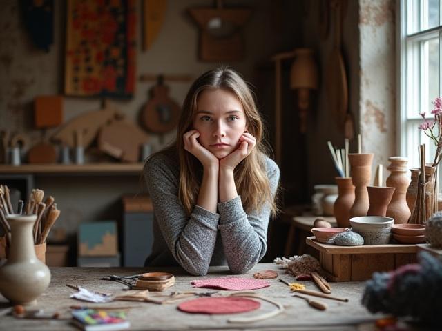 En ung kunstner som sitter i et tradisjonelt norsk verksted, omgitt av kunstverker