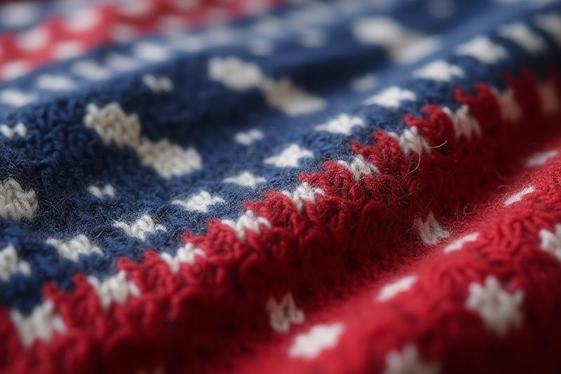 Nærbilde av strikket stoff som viser et tydelig lusmønster i hvitt og blått.